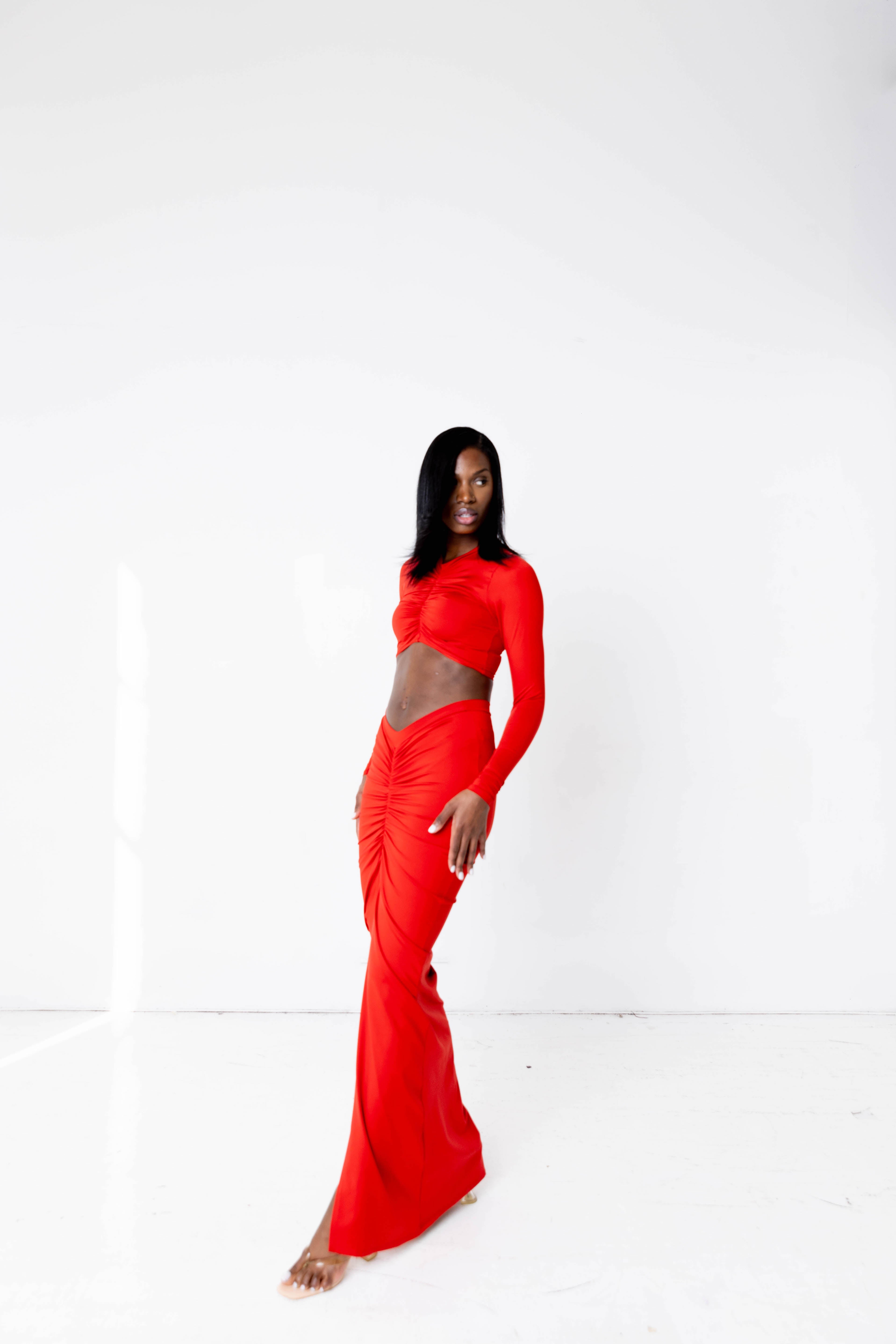 Krystal Ruched Maxi Skirt Red X Small